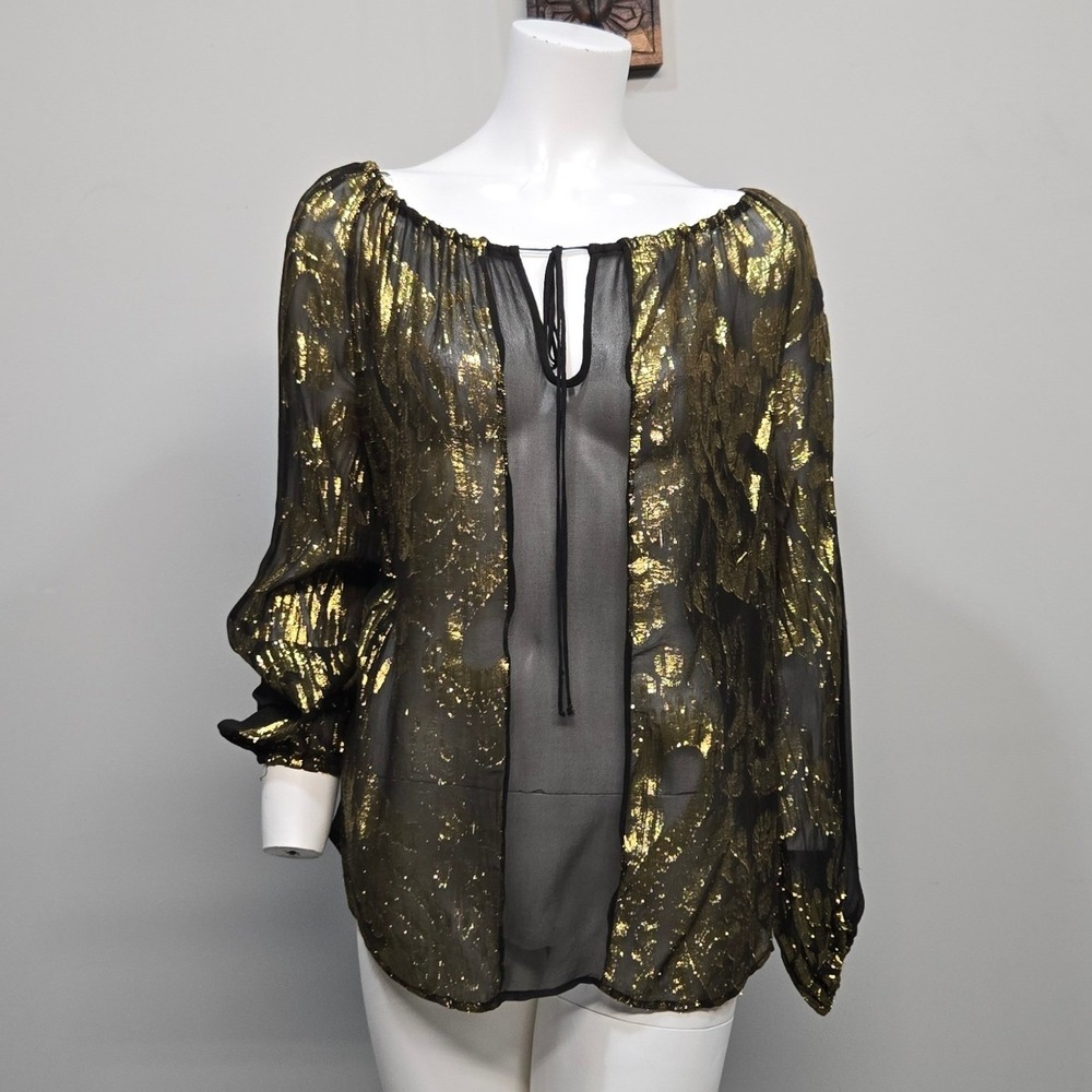 Language Silk Peasant Top Medium Black Gold Metallic Sheer Disco Whimsigoth Glam